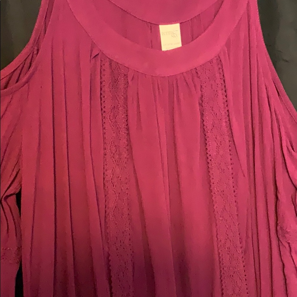 purple dress, cold shoulder bell sleeves